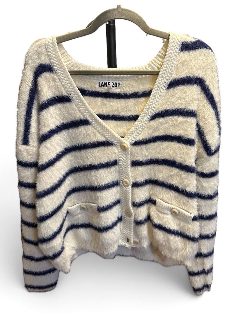Cream and Navy Striped Fuzzy Button-Front Sweater